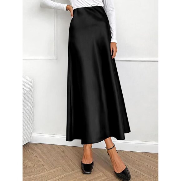 Elegant Satin Maxi Skirt for Women High Waisted Black Silk Fall 25 Dressy Casul - Picture 7 of 7